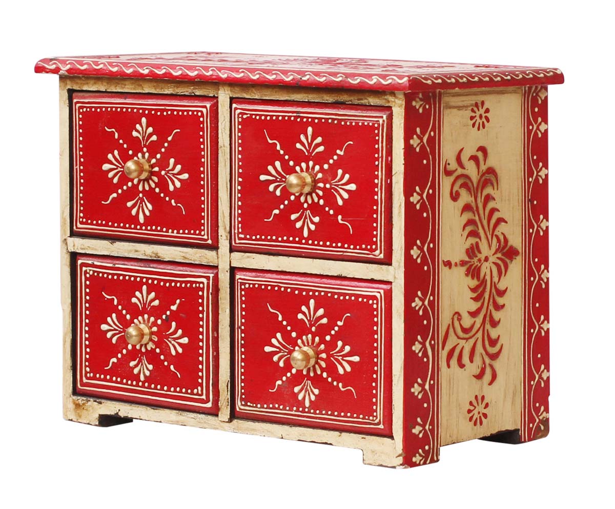 Wholesale 10x5” Wooden Jewelry Box with 4 Chest Drawers in Bulk - Source Handmade Keepsake Box/Trinket Box in Red & Natural-Wood Color Decorated with Cone - Painting Art in Bright Colors & a Metal Knob - Ethnic-Look Boxes from India
