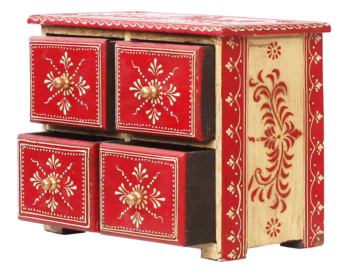 Wholesale 10x5” Wooden Jewelry Box with 4 Chest Drawers in Bulk - Source Handmade Keepsake Box/Trinket Box in Red & Natural-Wood Color Decorated with Cone - Painting Art in Bright Colors & a Metal Knob - Ethnic-Look Boxes from India
