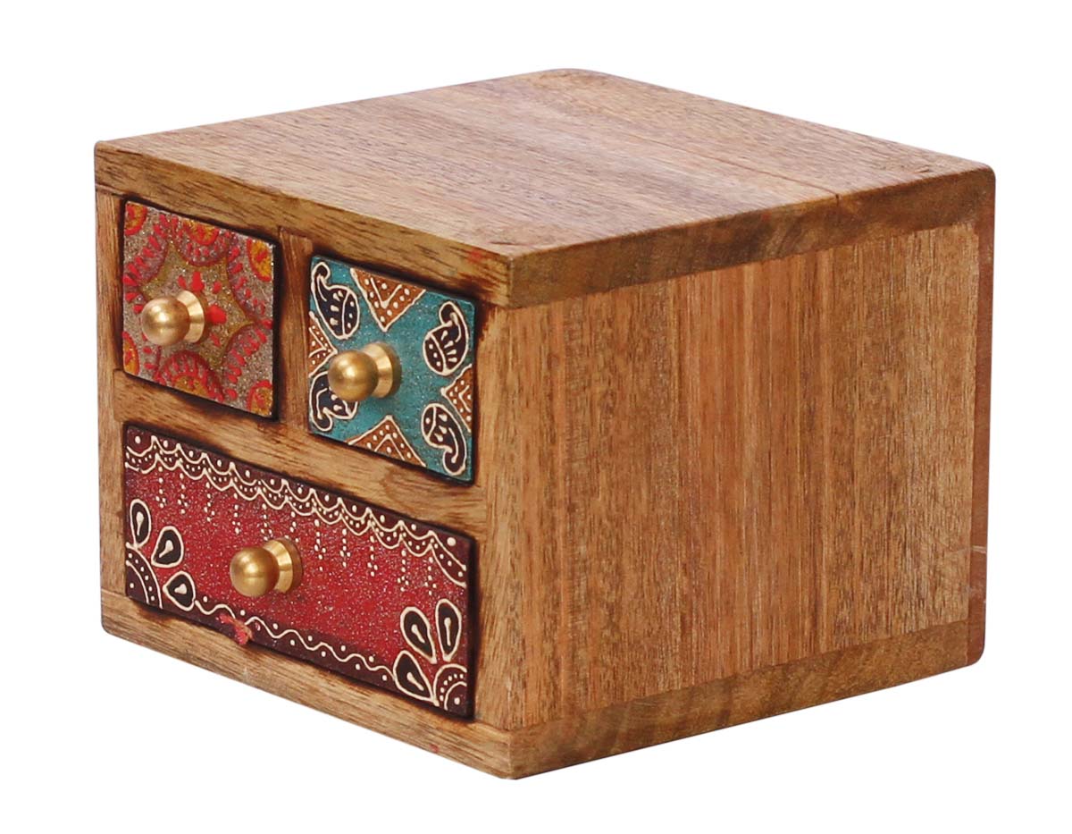 Wholesale Wooden Jewelry Box with 3 Chest Drawers & Metal Knob - Buy Bulk Red, Blue & Natural-Wood Colored Jewelry Box with 3 Chest Drawers Enhanced with Old-World Cone Painting in Bright Colors - Ethnic Look Trinket Boxes From India
