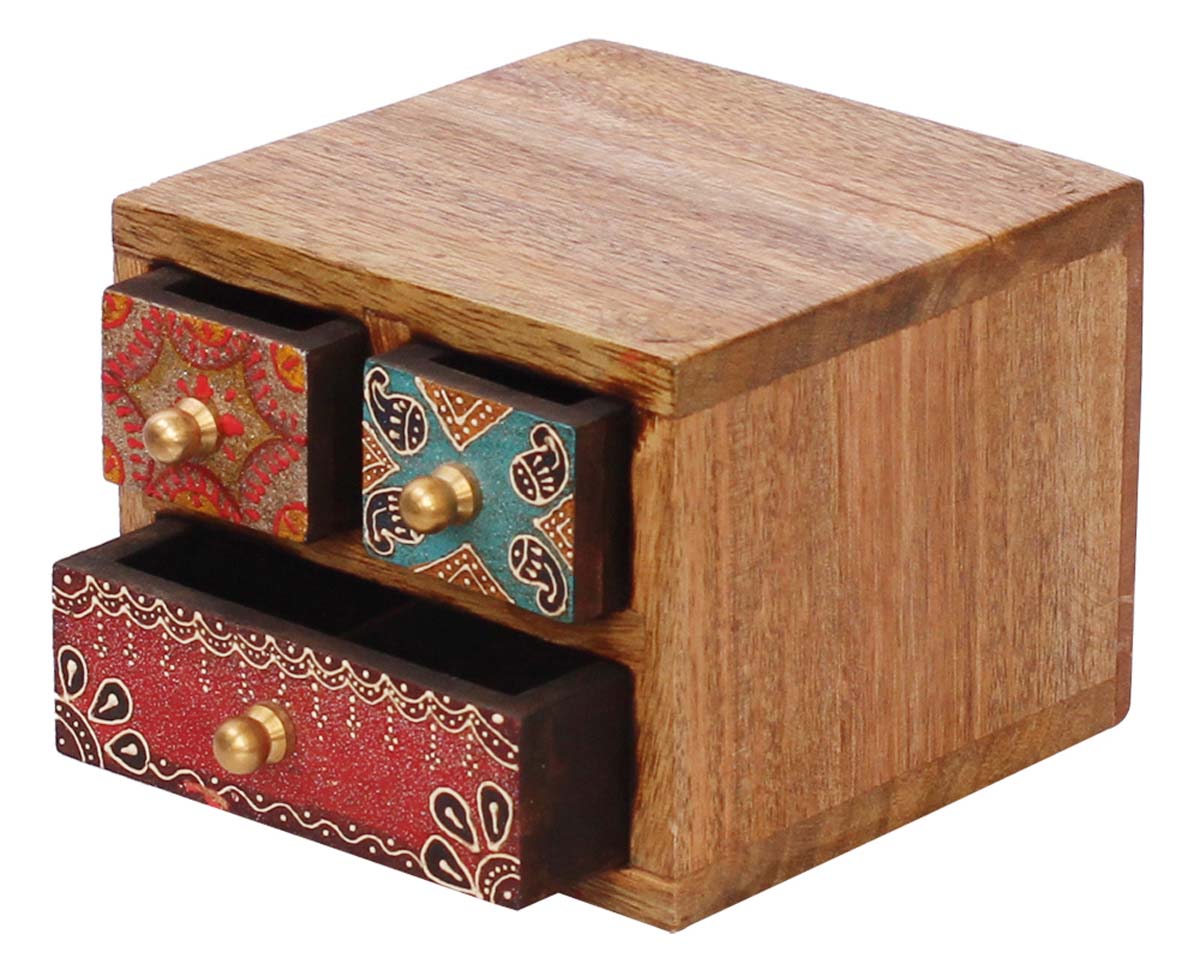 Wholesale Wooden Jewelry Box with 3 Chest Drawers & Metal Knob - Buy Bulk Red, Blue & Natural-Wood Colored Jewelry Box with 3 Chest Drawers Enhanced with Old-World Cone Painting in Bright Colors - Ethnic Look Trinket Boxes From India