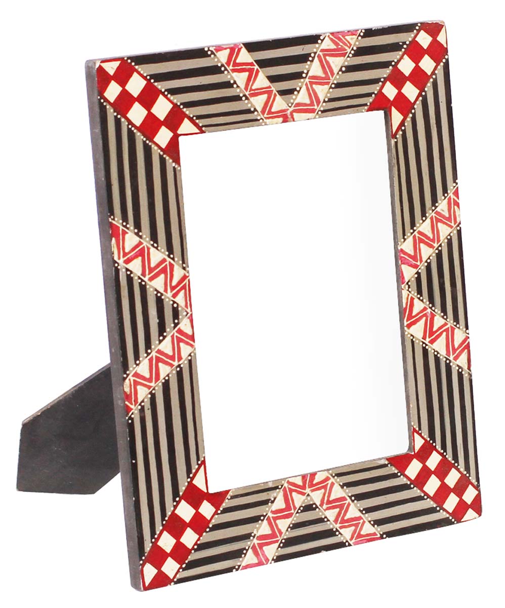 Buy 4x6” Wooden Picture Frame in Bulk - Wholesale Handmade Wood Photo Frame Decorated with Cone-Painting in Black, Grey & Red Color - Home & Office Decor Frames from India