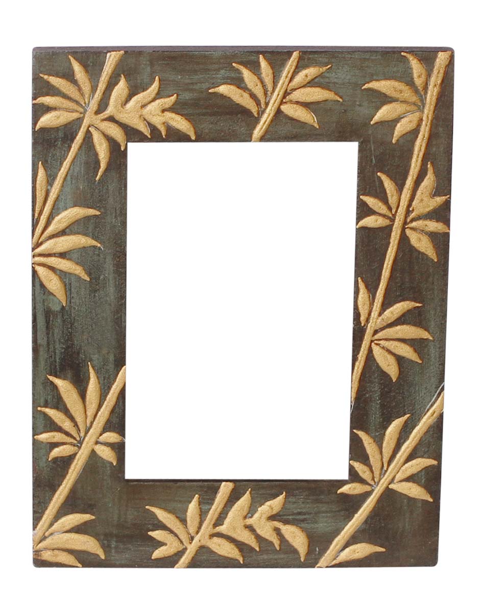 Wholesale Dark-Green 4x6” Picture Frame in Bulk - Source Handmade Wooden Photo Frame Decorated with Cone-Painting in Golden Leaf Design - Home Decor Accessories from India