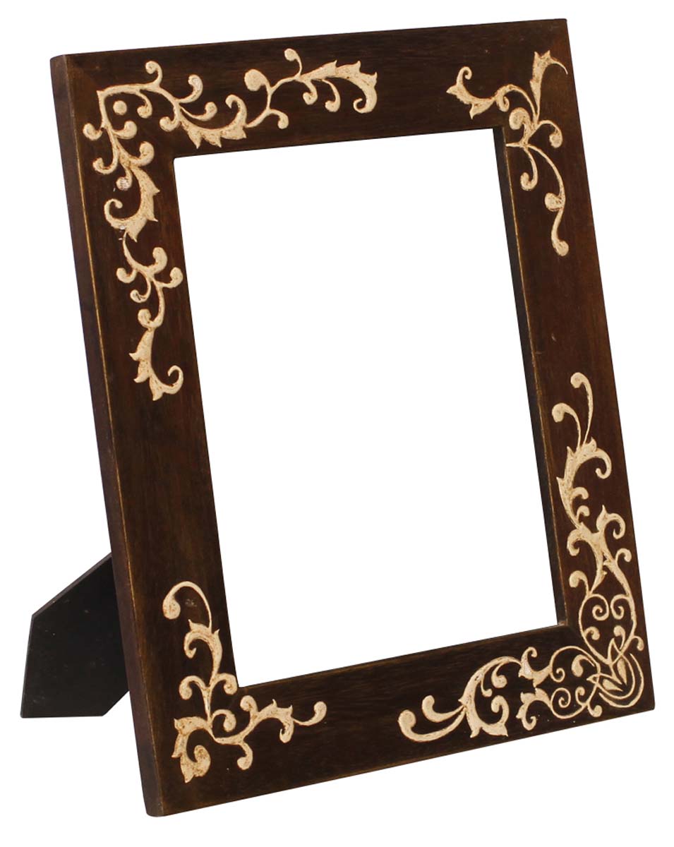 Wholesale Brown 8x10” Picture Frame in Bulk - Source Handmade Wooden Photo Frame Decorated with Cone-Painting in Traditional Style Motifs in Off-White Color - Home Decor Accessories from India
