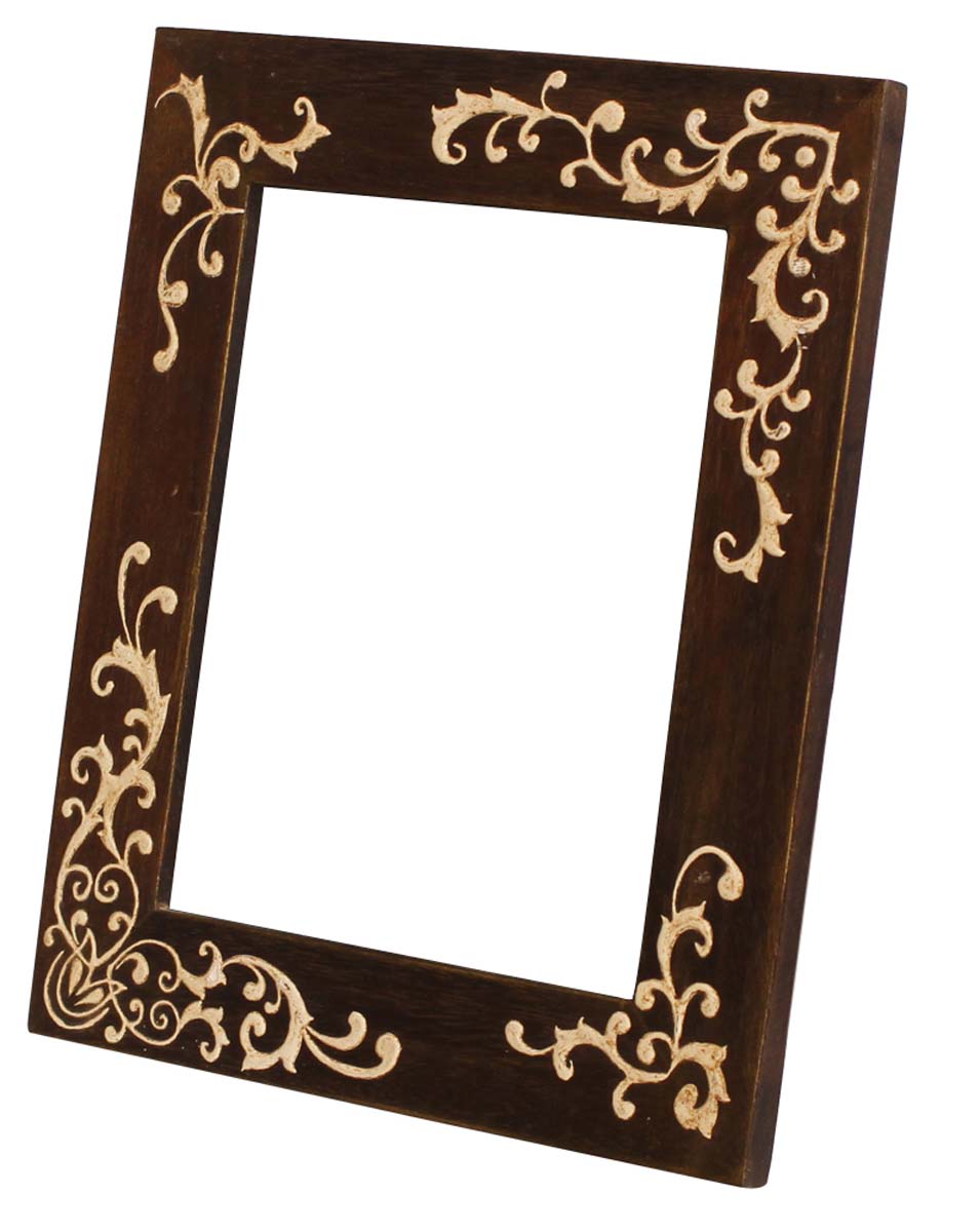 Wholesale Brown 8x10” Picture Frame in Bulk - Source Handmade Wooden Photo Frame Decorated with Cone-Painting in Traditional Style Motifs in Off-White Color - Home Decor Accessories from India