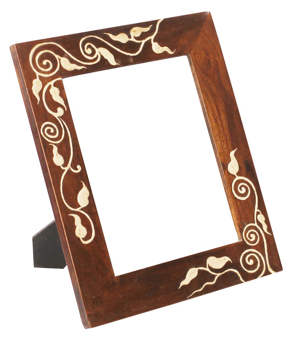 Wholesale 8x10” Brown Picture Frame in Bulk - Source Handmade Wooden Photo Frame Decorated with Cone-Painting in Traditional Style Motifs in Off-White Color - Home Decor Accessories from India