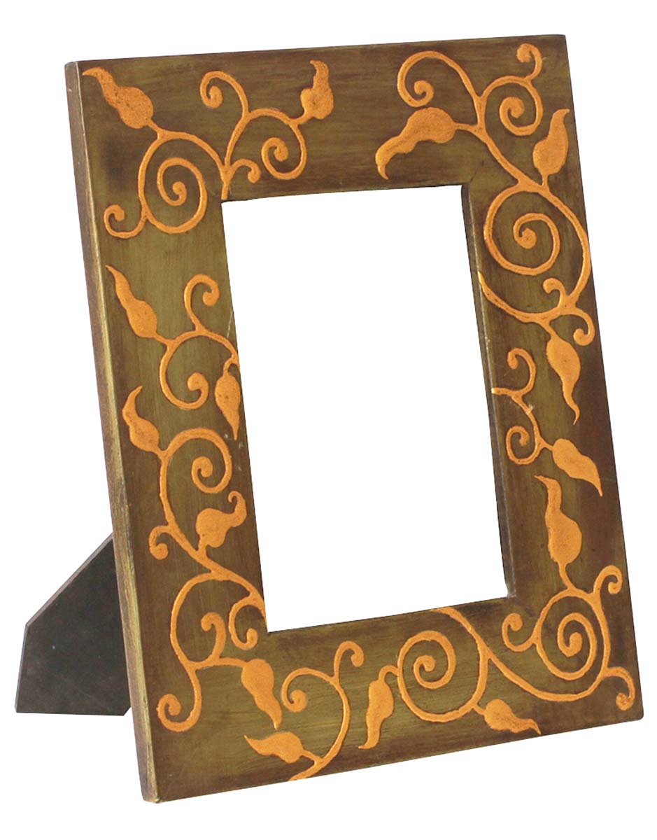 Olive-Green 5x7” Picture Frame in Bulk - Wholesale Handmade Wooden Photo Frame Decorated with Painting of Leaves in Golden Color - Home Decor Accessories from India
