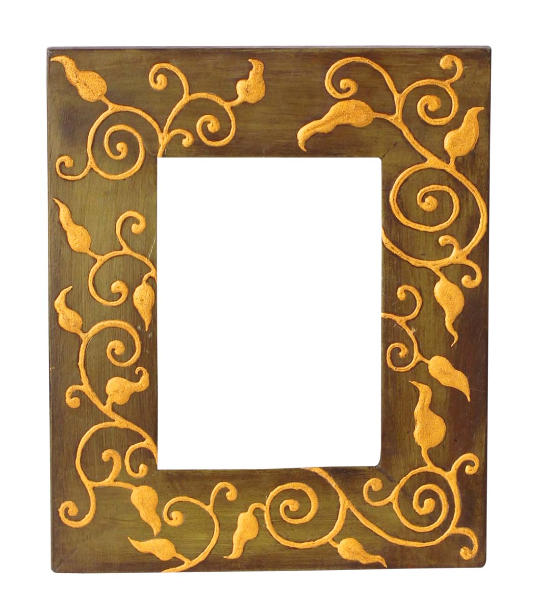 Olive-Green 5x7” Picture Frame in Bulk - Wholesale Handmade Wooden Photo Frame Decorated with Painting of Leaves in Golden Color - Home Decor Accessories from India