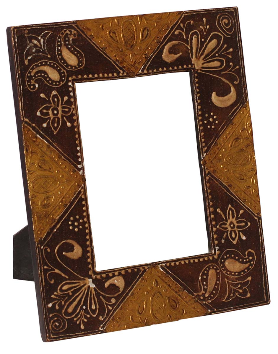 Brown 5x7” Photo Picture Frame in Wholesale - Bulk Buy Handmade Wooden Frame with Painting of Golden Motifs - Home Decor Picture Frames/Accessories from India