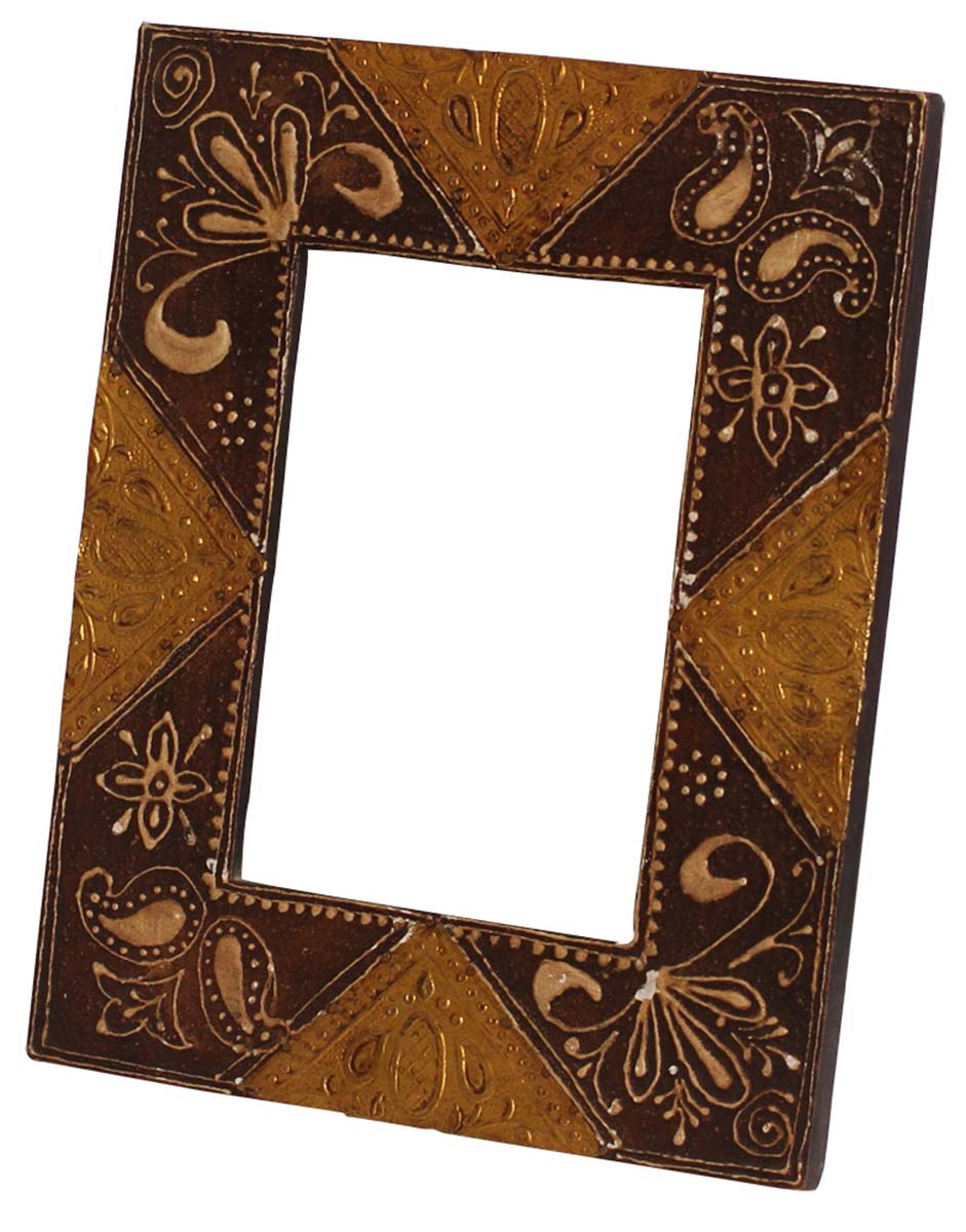 Brown 5x7” Photo Picture Frame in Wholesale - Bulk Buy Handmade Wooden Frame with Painting of Golden Motifs - Home Decor Picture Frames/Accessories from India