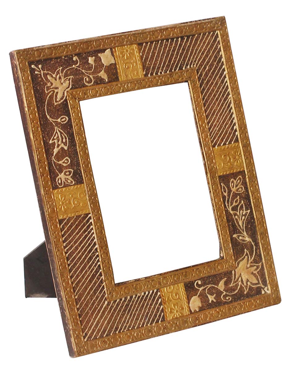 Source Brown 5x7” Photo Picture Frame in Bulk - Wholesale Handmade Wooden Frame with Brass-Work in Golden Color Motifs - Home Decor Picture Frames/Accessories from India