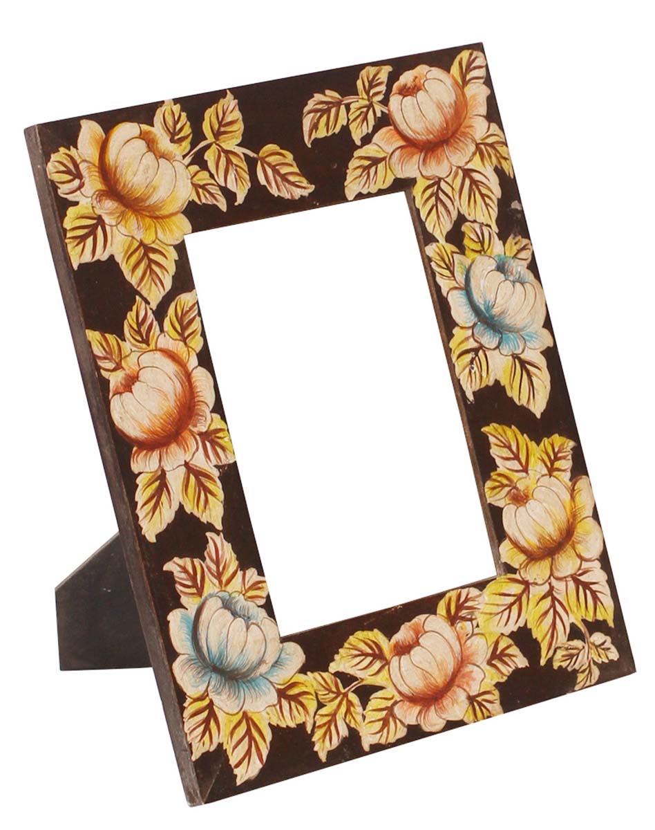 Buy 5x7” Wooden Picture Frame in Bulk - Wholesale Handmade Dark-Brown Photo Frame Decorated with Painting of Flowers in Pink, Blue & More Colors - Home & Office Decor Frames from India