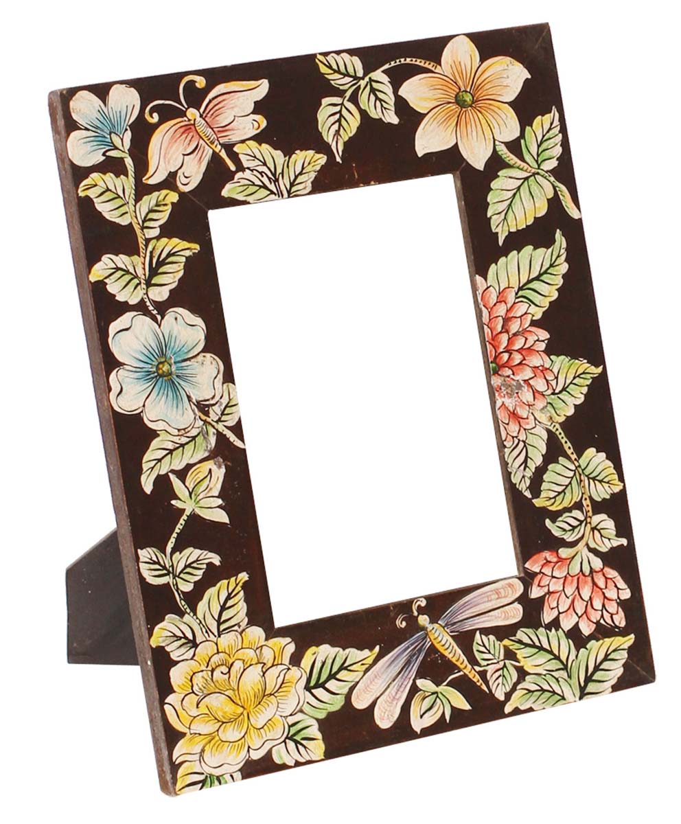 5x7 Inches Dark-Brown Picture Frame in Bulk - Wholesale Handmade Wooden Photo Frame/Picture Holder with Painting of Flowers in Pink, Blue & More Colors - Home Decor Picture Frames from India