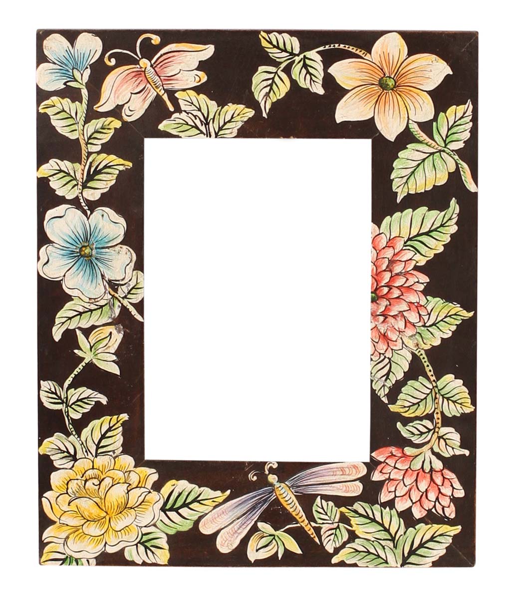 5x7 Inches Dark-Brown Picture Frame in Bulk - Wholesale Handmade Wooden Photo Frame/Picture Holder with Painting of Flowers in Pink, Blue & More Colors - Home Decor Picture Frames from India