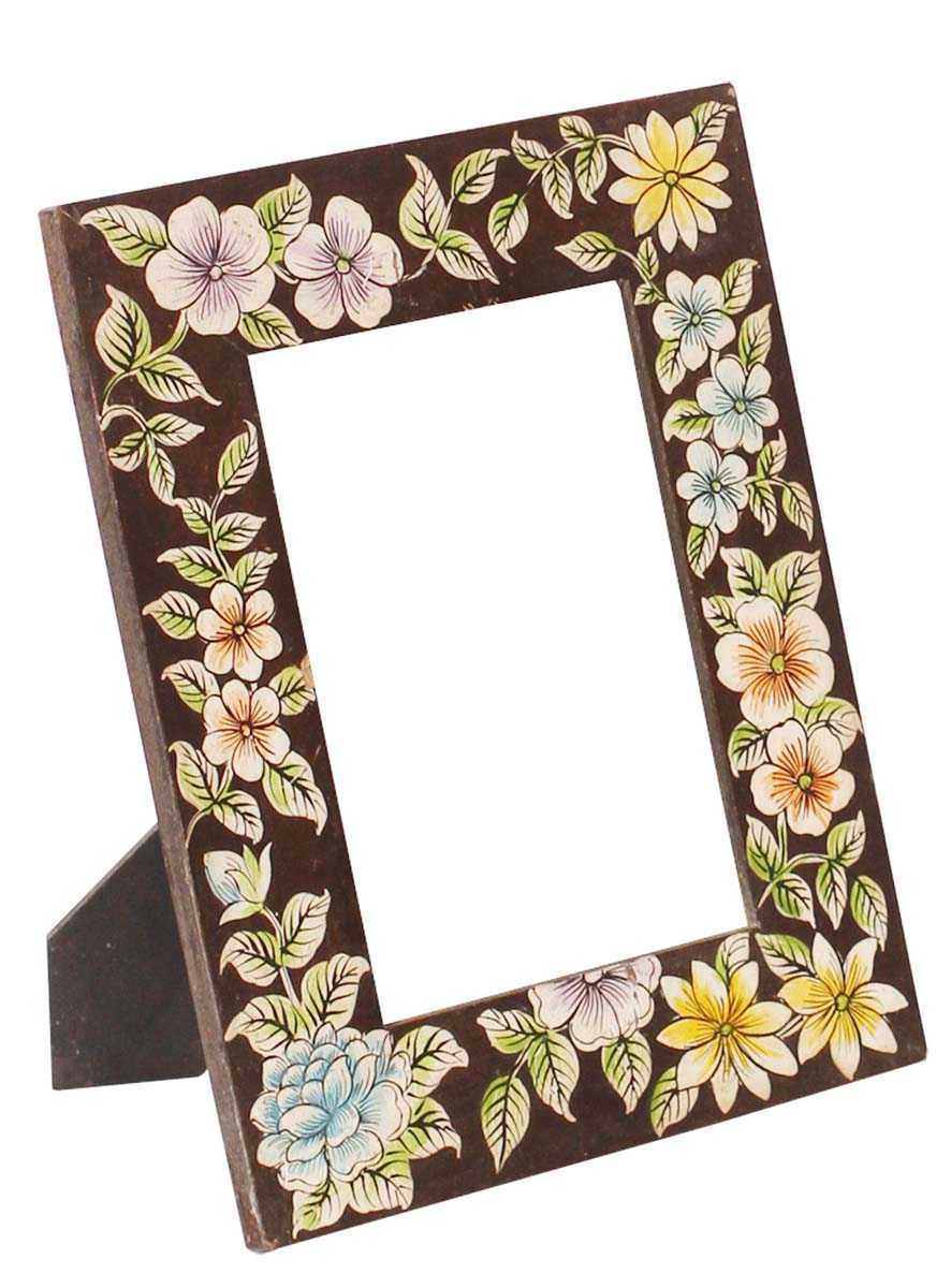 Wholesale Dark-Brown 5x7” Picture Frame in Bulk - Source Handmade Wooden Photo Frame Decorated with Old-World Style Painting of Flowers in Yellow, Blue & More Colors - Home Decor Accessories from India