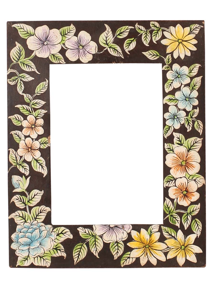 Wholesale Dark-Brown 5x7” Picture Frame in Bulk - Source Handmade Wooden Photo Frame Decorated with Old-World Style Painting of Flowers in Yellow, Blue & More Colors - Home Decor Accessories from India