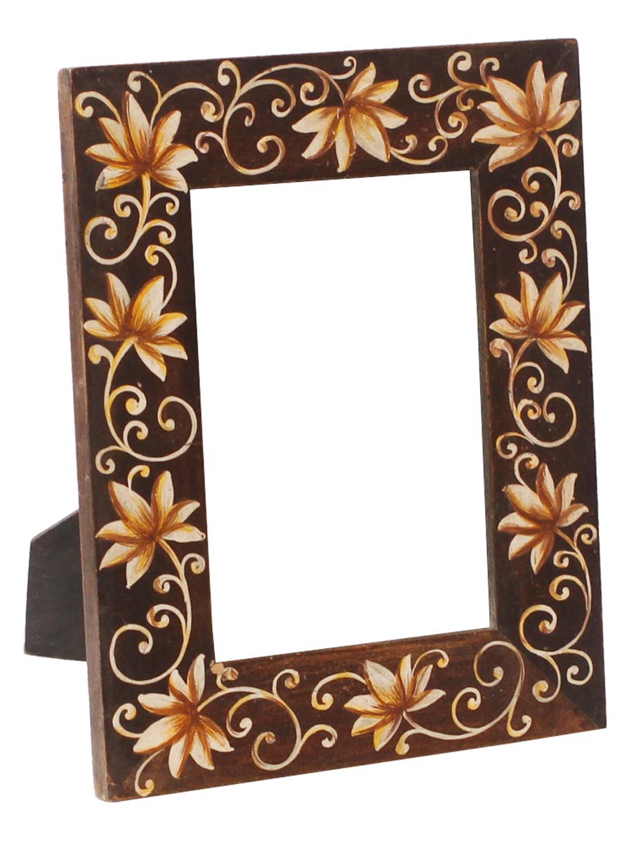 Dark-Brown 5x7” Picture Frame in Bulk - Wholesale Handmade Wooden Photo Frame Decorated with Old-World Style Painting of Flowers in Brown Color - Home Decor Accessories from India