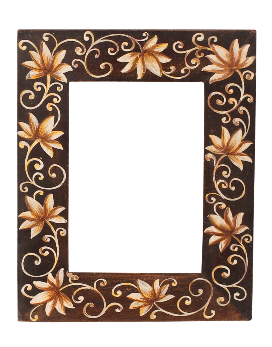 Dark-Brown 5x7” Picture Frame in Bulk - Wholesale Handmade Wooden Photo Frame Decorated with Old-World Style Painting of Flowers in Brown Color - Home Decor Accessories from India