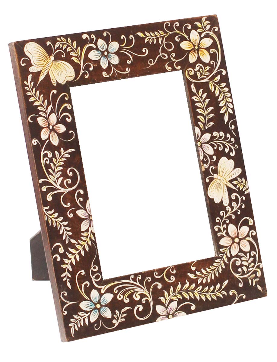 Wholesale Dark-Brown 5x7 Inches Picture Frame in Bulk - Source Handmade Dark-Brown Wooden Photo Frame with Old-World Style Painting of Flowers in Pastel Blue, Pink & More Colors - Home & Office Decor