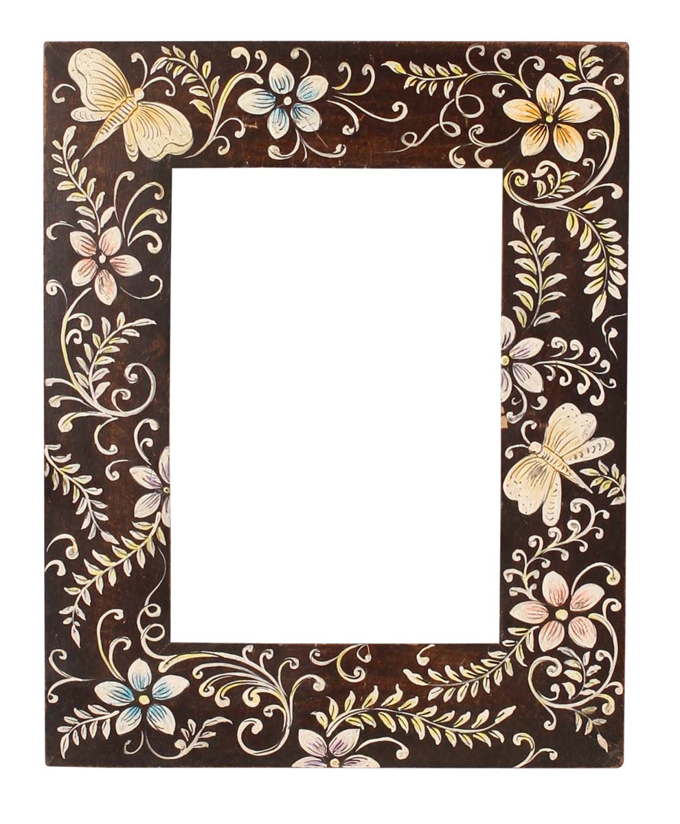Wholesale Dark-Brown 5x7 Inches Picture Frame in Bulk - Source Handmade Dark-Brown Wooden Photo Frame with Old-World Style Painting of Flowers in Pastel Blue, Pink & More Colors - Home & Office Decor