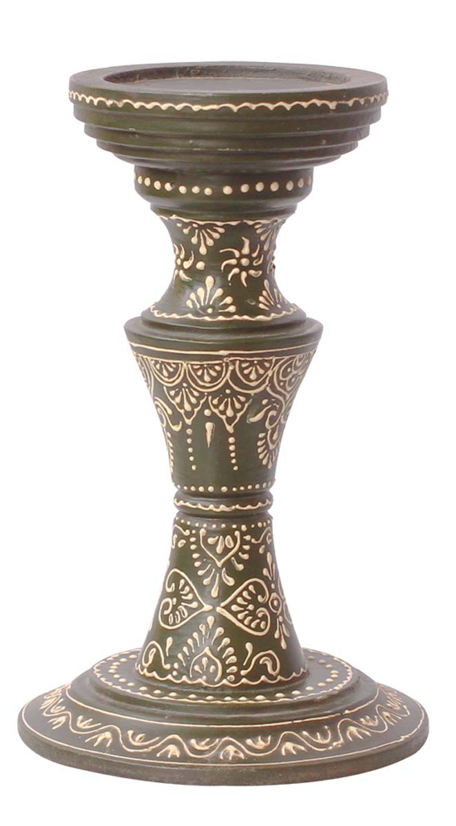 Bulk Wholesale Handmade 8” Wood Pillar-Shaped Candle Stand with Iron Groove in Dark-Green Color Decorated with Off-White Colored Cone-Painting Art – Antique-Look Home Décor from India