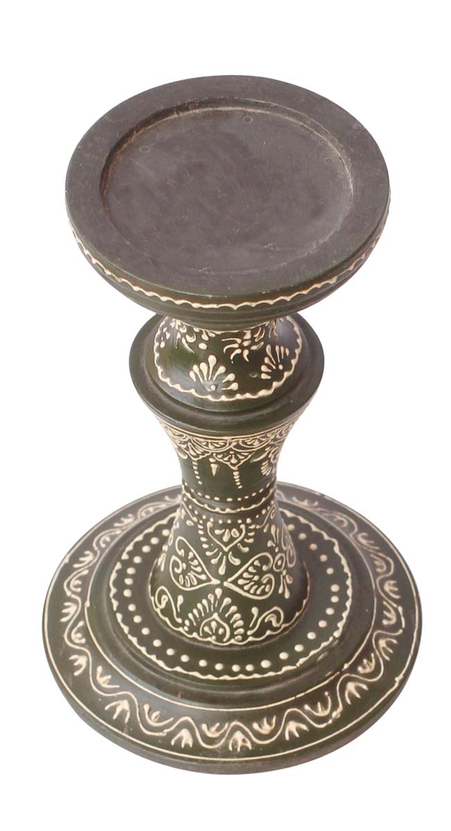 Bulk Wholesale Handmade 8” Wood Pillar-Shaped Candle Stand with Iron Groove in Dark-Green Color Decorated with Off-White Colored Cone-Painting Art – Antique-Look Home Décor from India