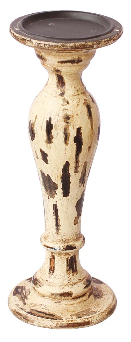 Bulk Wholesale Handmade 11” Wood Pillar-Shaped Candle Stand with Iron Groove in White Color Decorated with Cone-Painting Art in ‘Black Patches’ Design – Antique-Look Home Décor from India