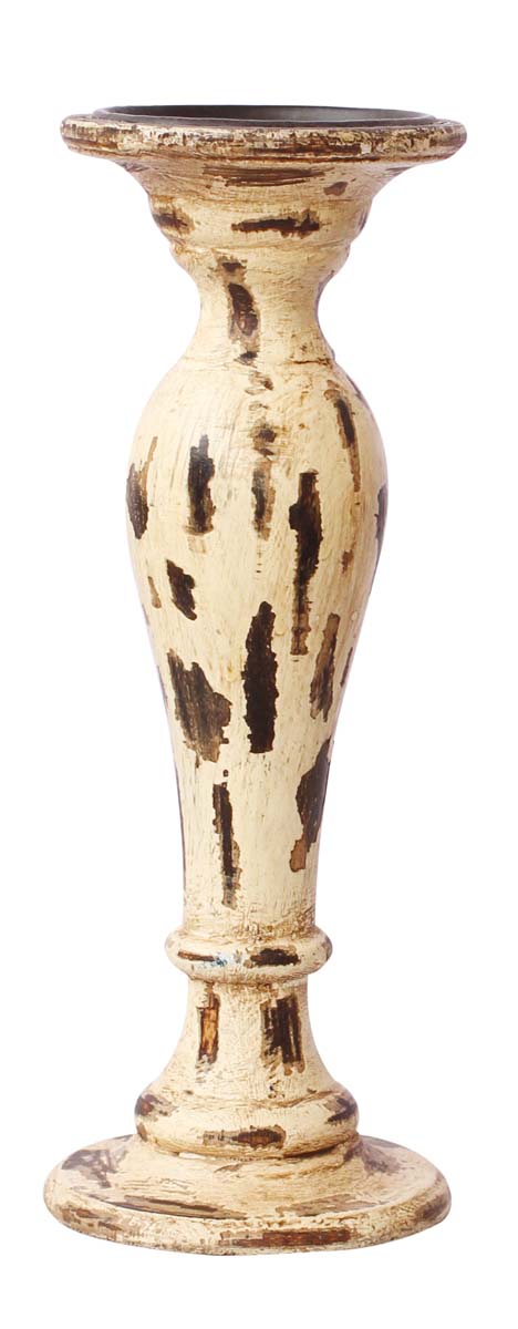 Bulk Wholesale Handmade 11” Wood Pillar-Shaped Candle Stand with Iron Groove in White Color Decorated with Cone-Painting Art in ‘Black Patches’ Design – Antique-Look Home Décor from India