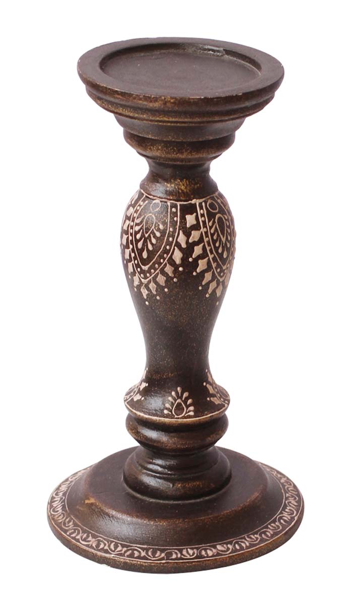 Bulk Wholesale Handmade 9” Wood Pillar-Shaped Candle Stand in Brown Color with Off-White Colored Cone-Painting Art – Antique-Look Home Décor from India