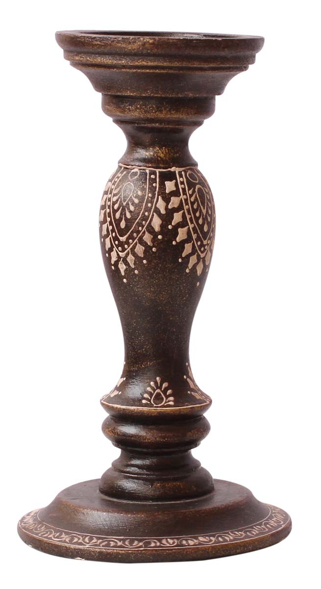 Bulk Wholesale Handmade 9” Wood Pillar-Shaped Candle Stand in Brown Color with Off-White Colored Cone-Painting Art – Antique-Look Home Décor from India