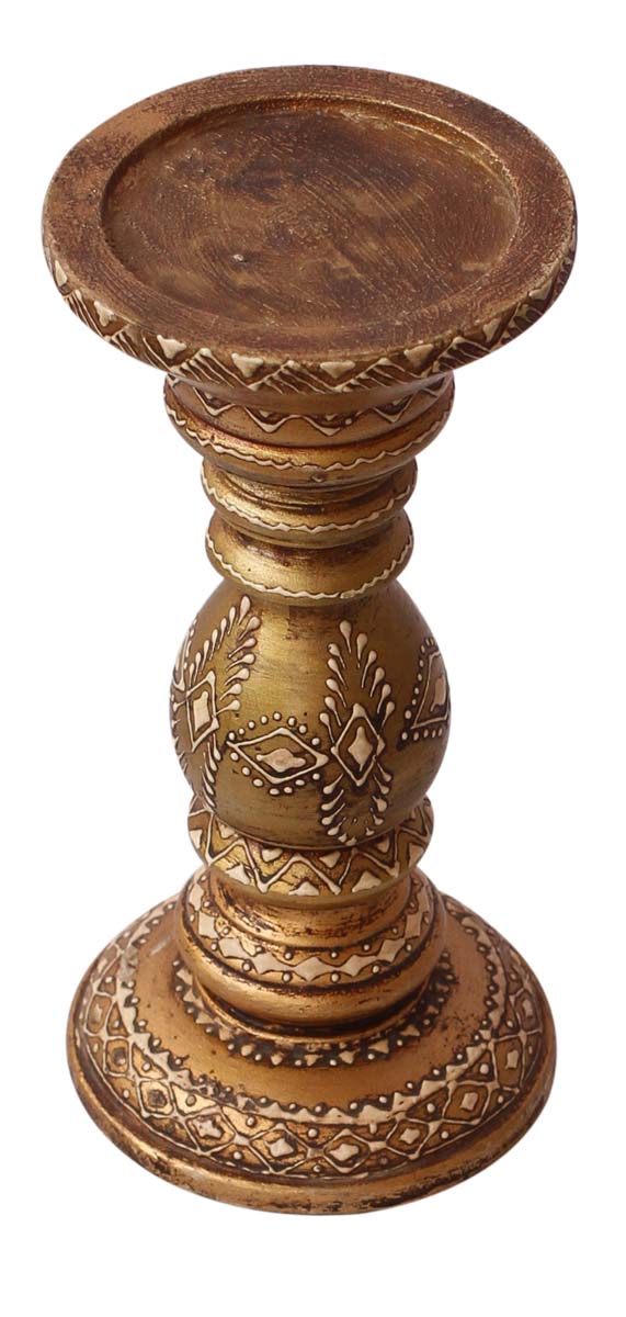Bulk Wholesale Handmade 8” Wood Pillar-Shaped Candle Stand in Golden Color  with Off-White Colored Cone-Painting Art – Antique-Look Home Décor from India