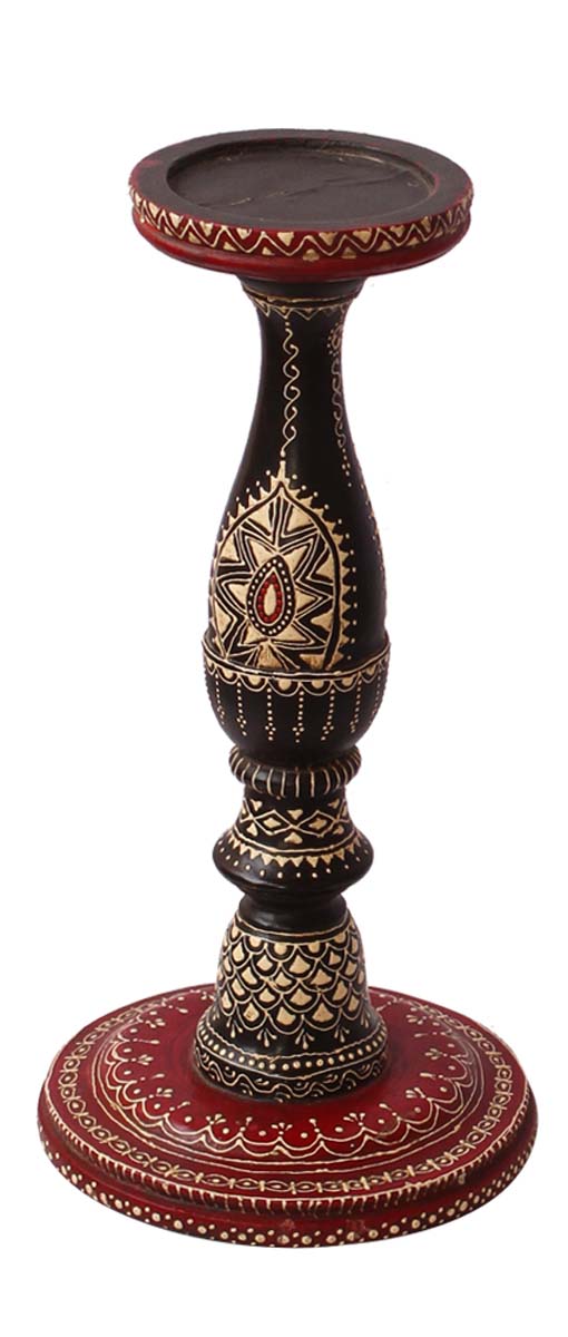 Bulk Wholesale Wooden Pillar-Shaped Candle Stand Handmade 12” Wood with Iron Groove in Red, White & Black Color Decorated with Cone-Painting Art in Traditional-Look Motifs - Antique-Look Home Decor from India