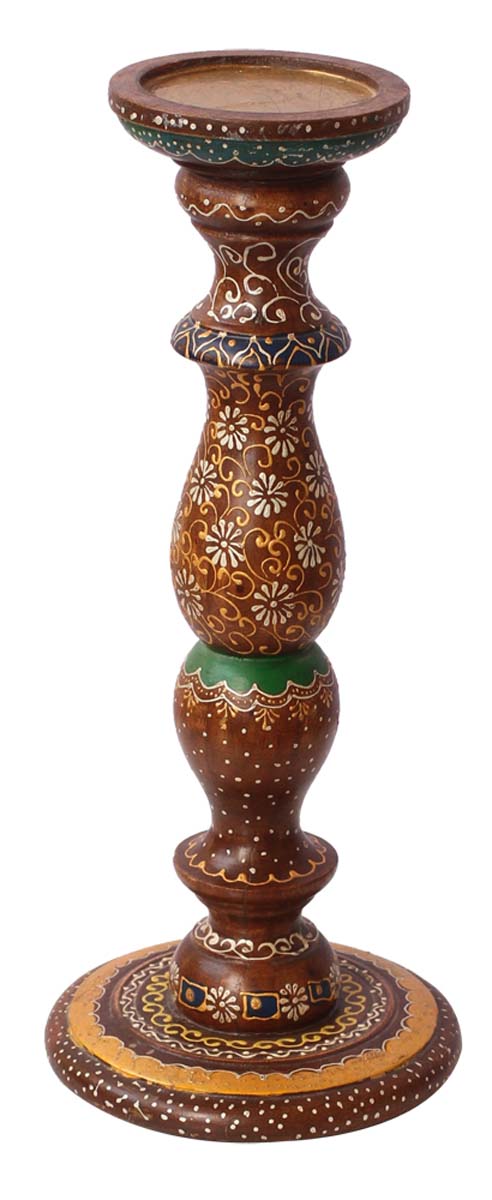 Bulk Wholesale Handmade 13” Wood Pillar-Shaped Candle Stand with Iron Groove in Brown Color Decorated with Colorful Cone-Painting Art in Traditional-Look Motifs – Antique-Look Home Décor from India