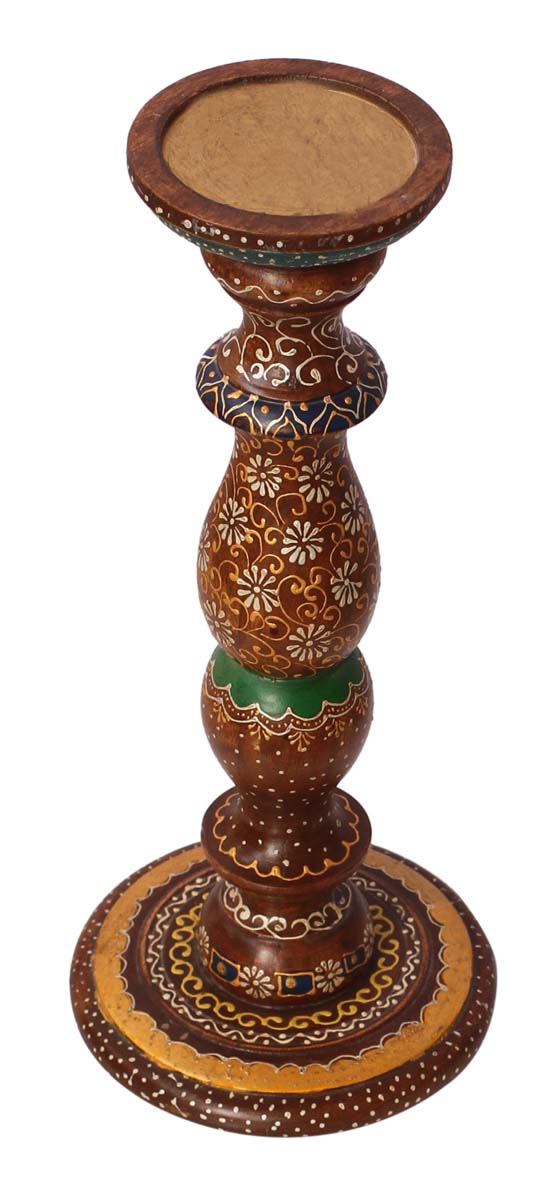 Bulk Wholesale Handmade 13” Wood Pillar-Shaped Candle Stand with Iron Groove in Brown Color Decorated with Colorful Cone-Painting Art in Traditional-Look Motifs – Antique-Look Home Décor from India