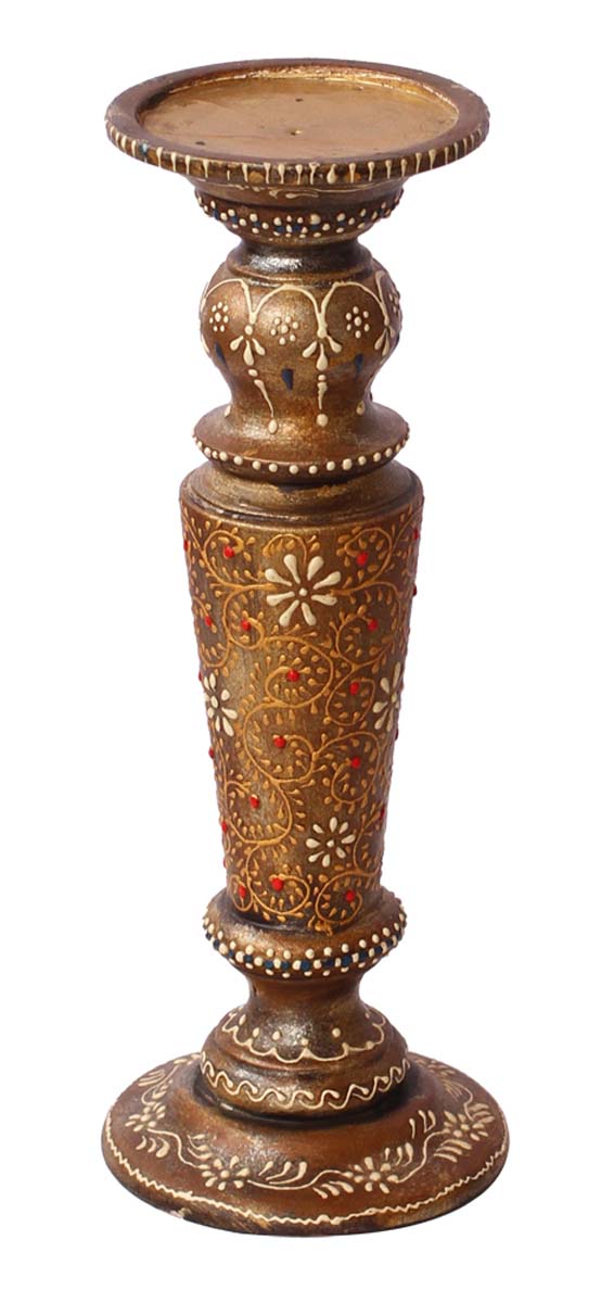 Bulk Wholesale Handmade 13” Wood Pillar-Shaped Candle Stand with Iron Groove in Brown Color Decorated with Colorful Cone-Painting Art in Traditional-Look Motifs – Antique-Look Home Décor from India