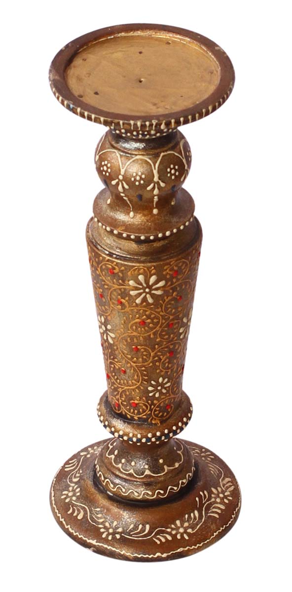 Bulk Wholesale Handmade 13” Wood Pillar-Shaped Candle Stand with Iron Groove in Brown Color Decorated with Colorful Cone-Painting Art in Traditional-Look Motifs – Antique-Look Home Décor from India