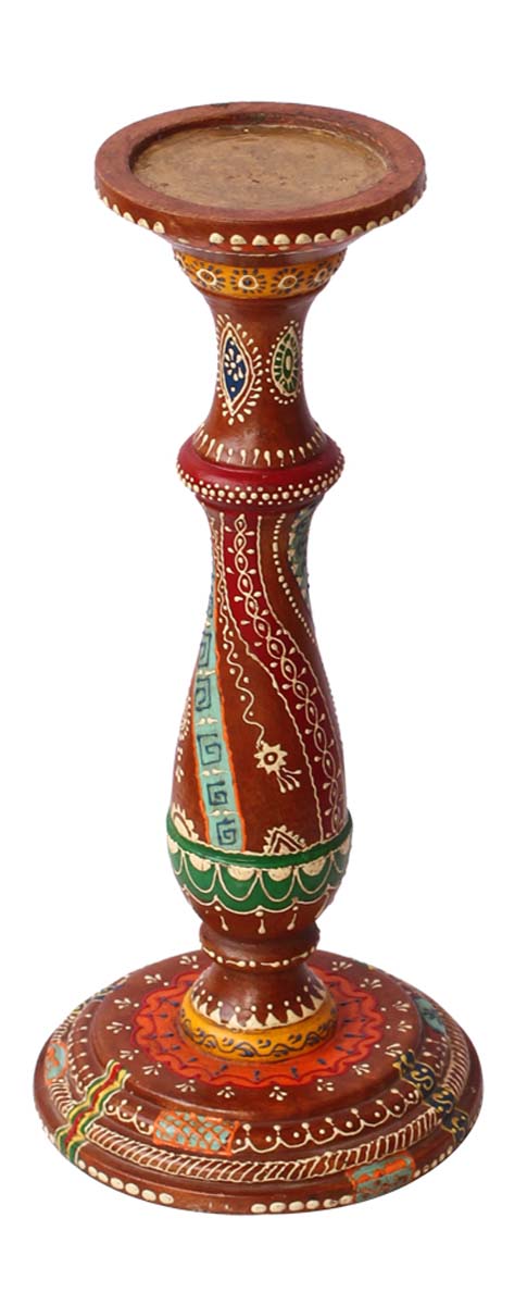 Bulk Wholesale Handmade 13” Wood Pillar-Shaped Candle Stand with Iron Groove in Maroon Color Decorated with Colorful Cone-Painting Art in Traditional-Look Motifs – Antique-Look Home Décor from India