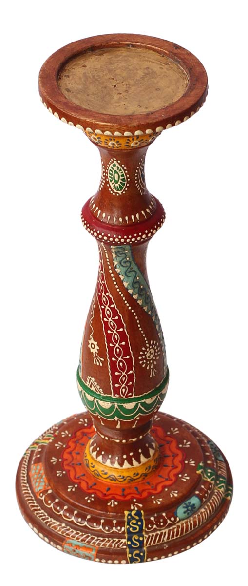 Bulk Wholesale Handmade 13” Wood Pillar-Shaped Candle Stand with Iron Groove in Maroon Color Decorated with Colorful Cone-Painting Art in Traditional-Look Motifs – Antique-Look Home Décor from India