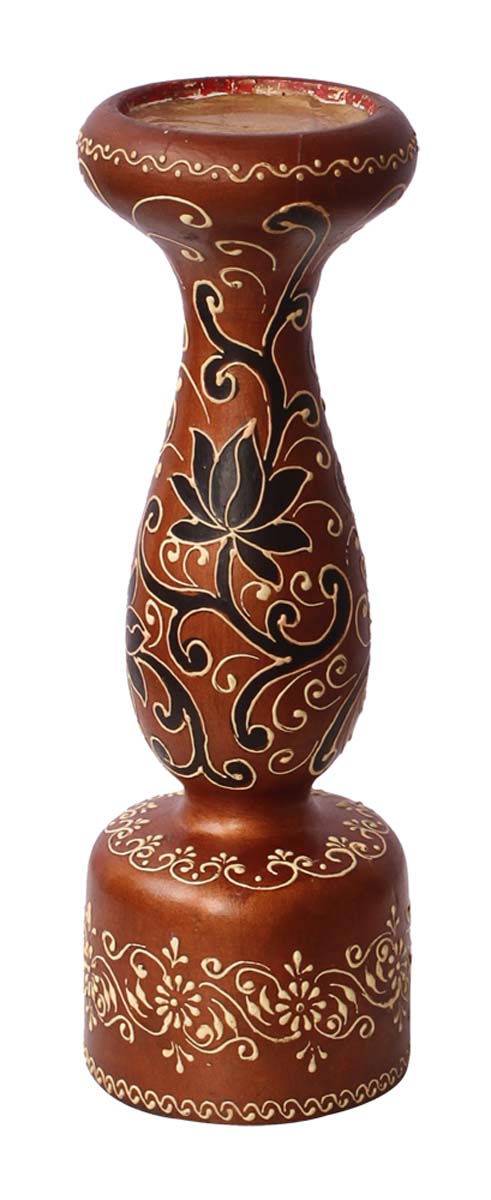 Bulk Wholesale Handmade 11” Wood Pillar-Shaped Candle Stand with Iron Groove in Copper Color Decorated with Black & White Colored Cone-Painting Art in Traditional-Look Motifs – Antique-Look Home Décor from India