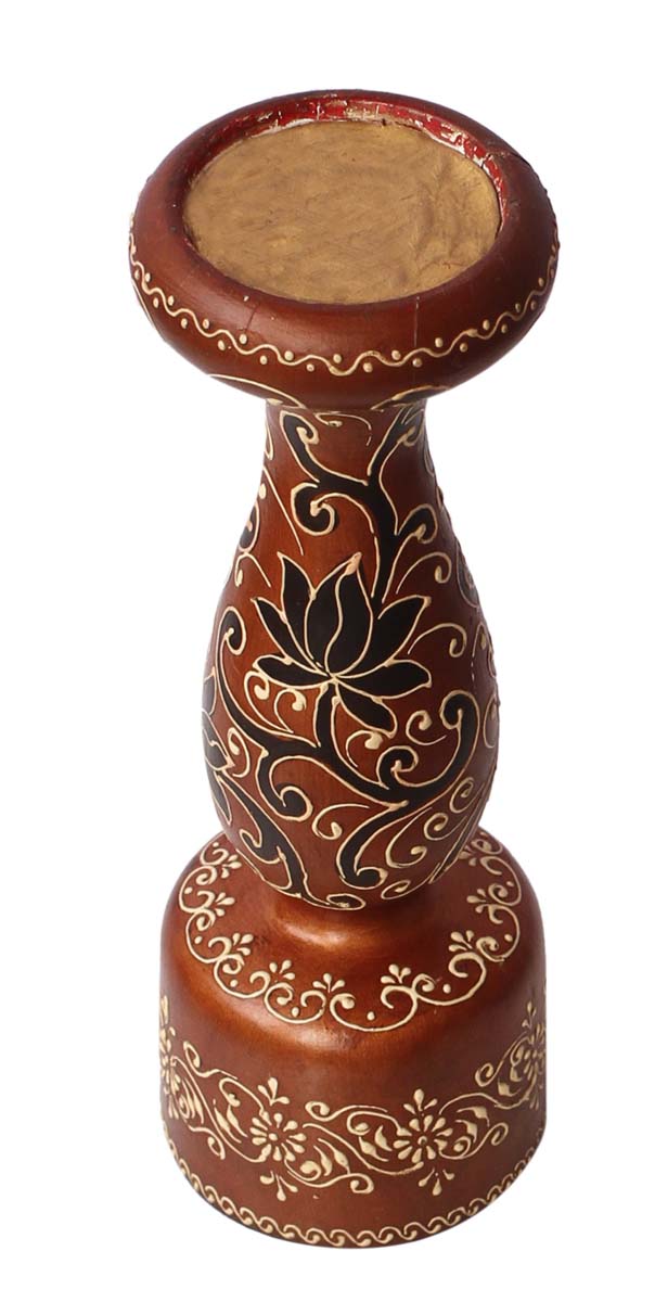 Bulk Wholesale Handmade 11” Wood Pillar-Shaped Candle Stand with Iron Groove in Copper Color Decorated with Black & White Colored Cone-Painting Art in Traditional-Look Motifs – Antique-Look Home Décor from India
