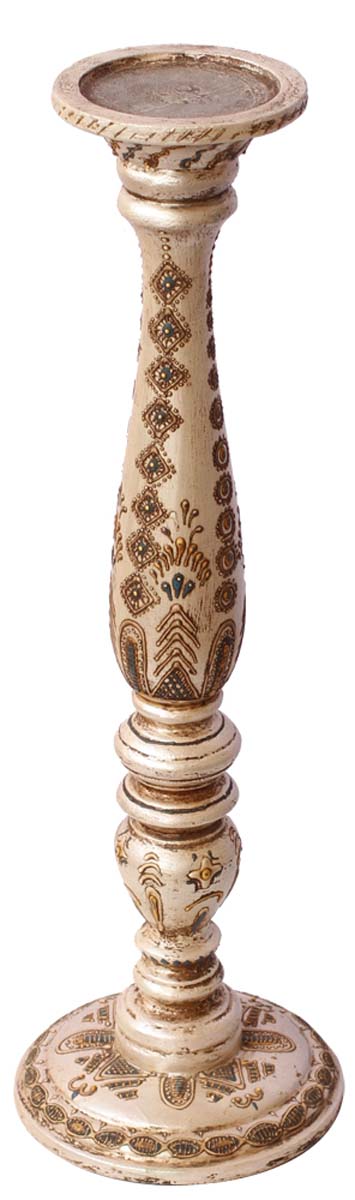 Bulk Wholesale Handmade 18” Wood Pillar-Shaped Sleek Candle Stand with Iron Groove in Rich Creamy Color Decorated with Golden & Blue Colored Cone-Painting Art in Traditional-Look Motifs – Antique-Look Home Décor from India