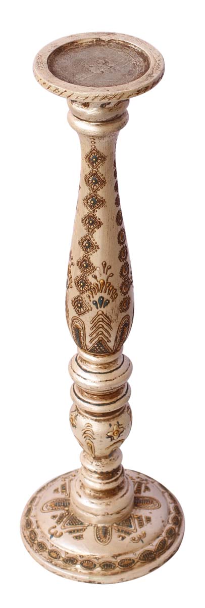 Bulk Wholesale Handmade 18” Wood Pillar-Shaped Sleek Candle Stand with Iron Groove in Rich Creamy Color Decorated with Golden & Blue Colored Cone-Painting Art in Traditional-Look Motifs – Antique-Look Home Décor from India