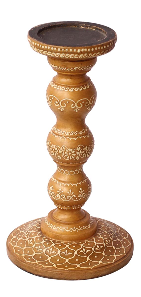 Bulk Wholesale Handmade 10” Wood Pillar-Shaped Sleek Candle Stand with Iron Groove in Golden Color Decorated with Off-White Colored Cone-Painting Art in Traditional-Look Motifs – Antique-Look Home Décor from India
