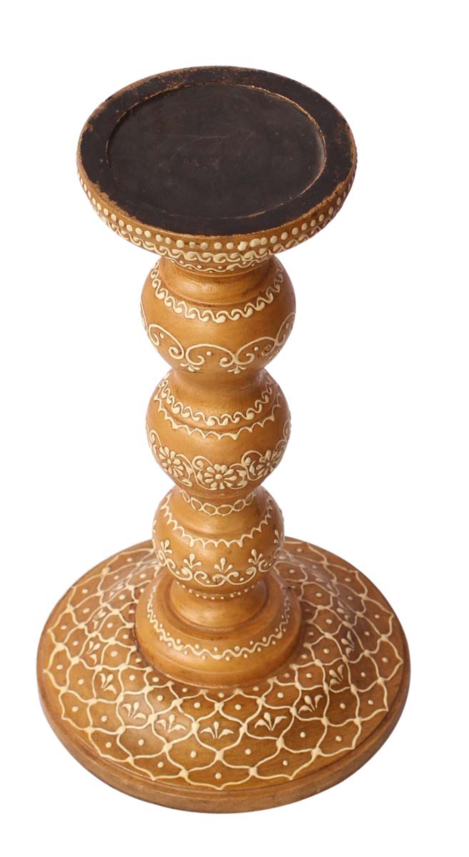 Bulk Wholesale Handmade 10” Wood Pillar-Shaped Sleek Candle Stand with Iron Groove in Golden Color Decorated with Off-White Colored Cone-Painting Art in Traditional-Look Motifs – Antique-Look Home Décor from India