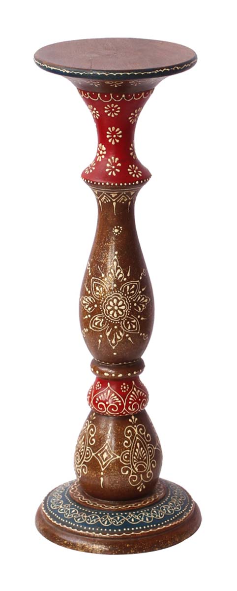 Bulk Wholesale Pillar-Shaped Sleek Candle Stand 16 Inch Tall Handmade in Wood with Iron Groove in Red, Brown, Blue Color Decorated with Cone-Painting Art in Traditional-Look Motifs - Antique-Look Home Decor from India