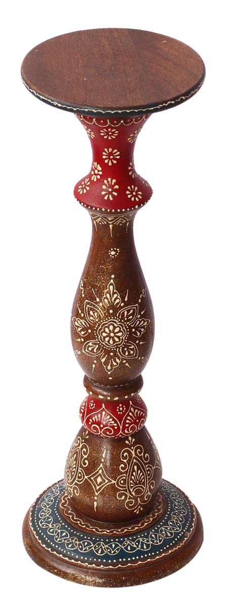 Bulk Wholesale Pillar-Shaped Sleek Candle Stand 16 Inch Tall Handmade in Wood with Iron Groove in Red, Brown, Blue Color Decorated with Cone-Painting Art in Traditional-Look Motifs - Antique-Look Home Decor from India