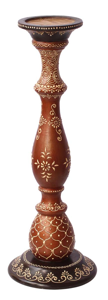 Bulk Wholesale Handmade 16” Wood Pillar-Shaped Sleek Candle Stand with Iron Groove in Black & Brown Decorated with Cone-Painting Art in Traditional-Look Motifs – Antique-Look Home Décor from India