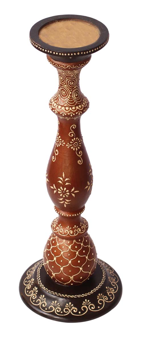 Bulk Wholesale Handmade 16” Wood Pillar-Shaped Sleek Candle Stand with Iron Groove in Black & Brown Decorated with Cone-Painting Art in Traditional-Look Motifs – Antique-Look Home Décor from India