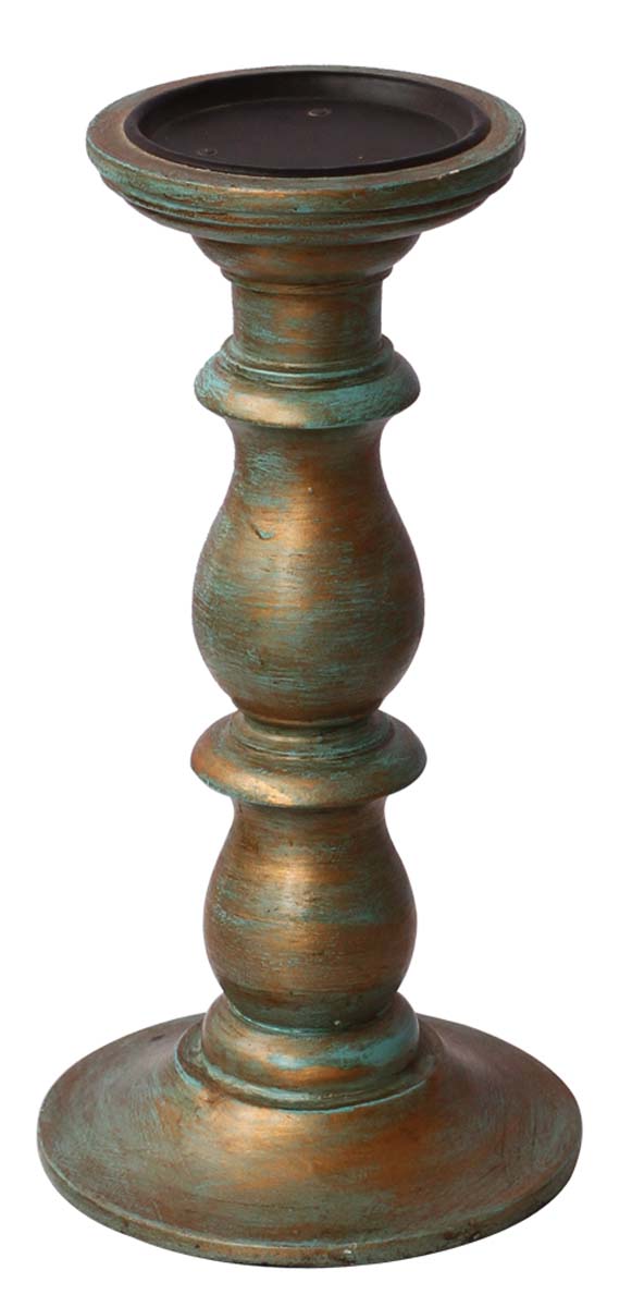 Bulk Wholesale Handmade 11” Wood Distressed-Look Pillar-Shaped Candle Stand Painted in Golden & Pastel-Green Color  – Antique-Look Home Décor from India