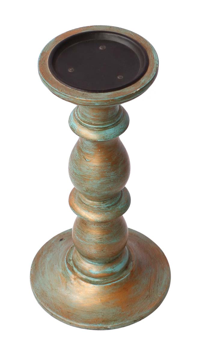 Bulk Wholesale Handmade 11” Wood Distressed-Look Pillar-Shaped Candle Stand Painted in Golden & Pastel-Green Color  – Antique-Look Home Décor from India