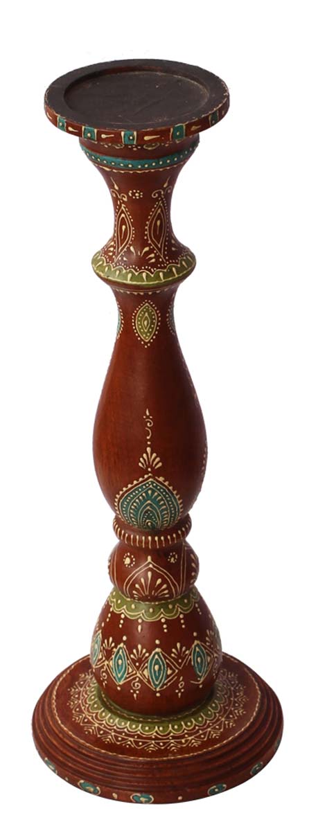 Bulk Wholesale Handmade 16” Wood Pillar-Shaped Sleek Candle Stand with Iron Groove in Maroon Color Decorated with Colorful Cone-Painting Art in Traditional-Look Motifs – Antique-Look Home Décor from India